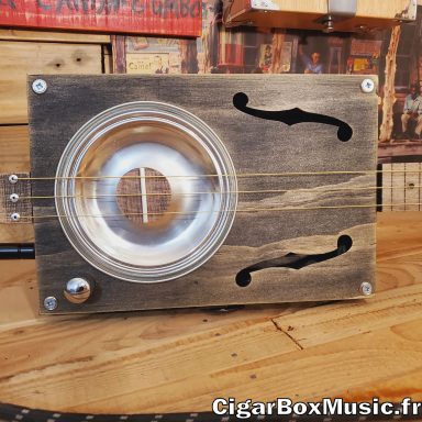 Guitare cigar box 3 cordes acoustique grise vintage avec résonator.
